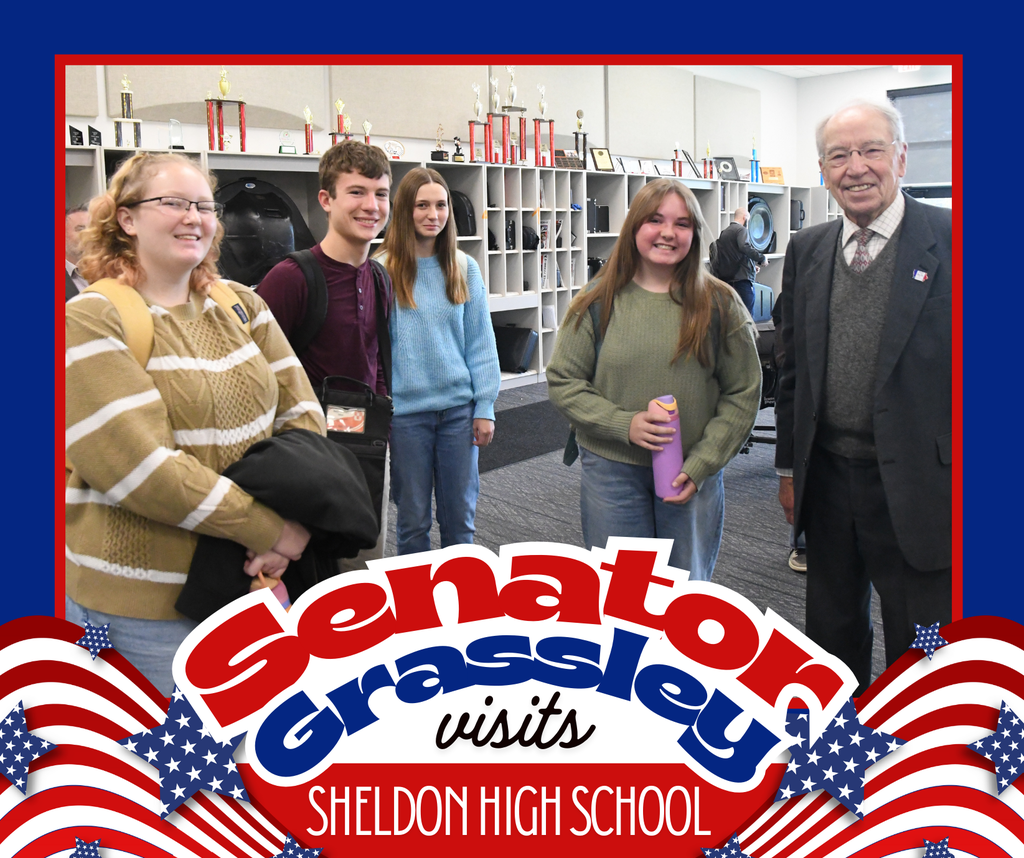 Senator Chuck Grassley visited Sheldon High School as part of his 99-county tour. The President pro tempore of the United States Senate answered student questions on topics ranging from life lessons to the recent government shutdown and practicing constructive politics. He also met with members of the National Honor Society, the Student Leadership Team, and the Orab Leadership Class. A fun moment from the visit included recreating a photo with Mr. Joseph Kunert, who interned in Senator Grassley’s office in 2021. The two recreated a photo from that time.