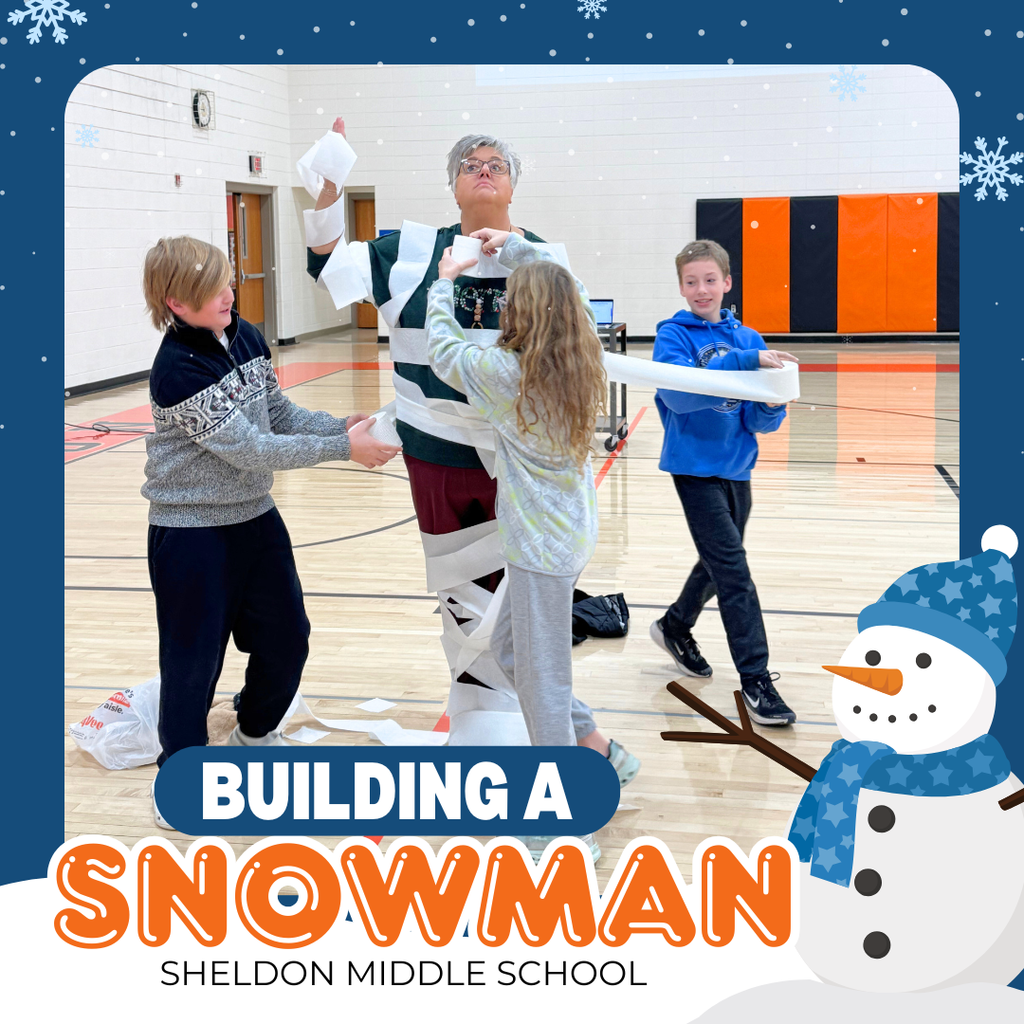 Sheldon Middle School students enjoyed an activity took during our December all-school assembly. One teacher from each grade, along with four students, was selected to “build a snowman” using the teacher as the snowman. A fifth team made up of all teachers also competed against the grade-level teams.