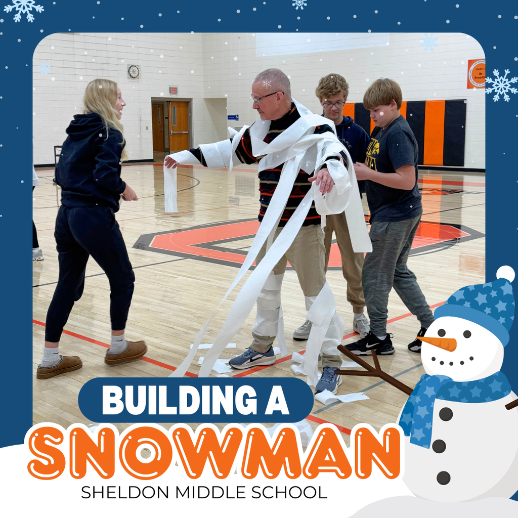 Sheldon Middle School students enjoyed an activity took during our December all-school assembly. One teacher from each grade, along with four students, was selected to “build a snowman” using the teacher as the snowman. A fifth team made up of all teachers also competed against the grade-level teams.