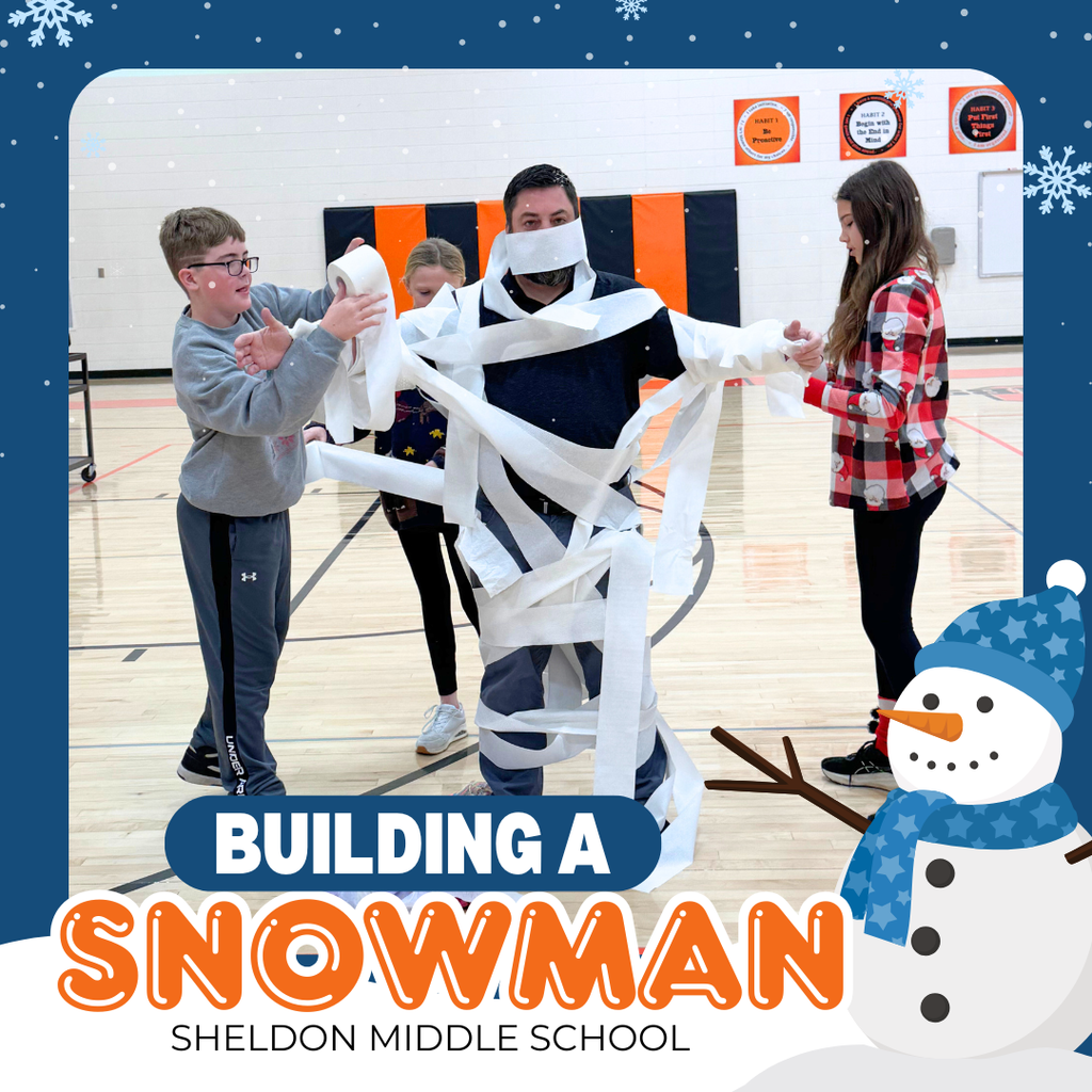 Sheldon Middle School students enjoyed an activity took during our December all-school assembly. One teacher from each grade, along with four students, was selected to “build a snowman” using the teacher as the snowman. A fifth team made up of all teachers also competed against the grade-level teams.