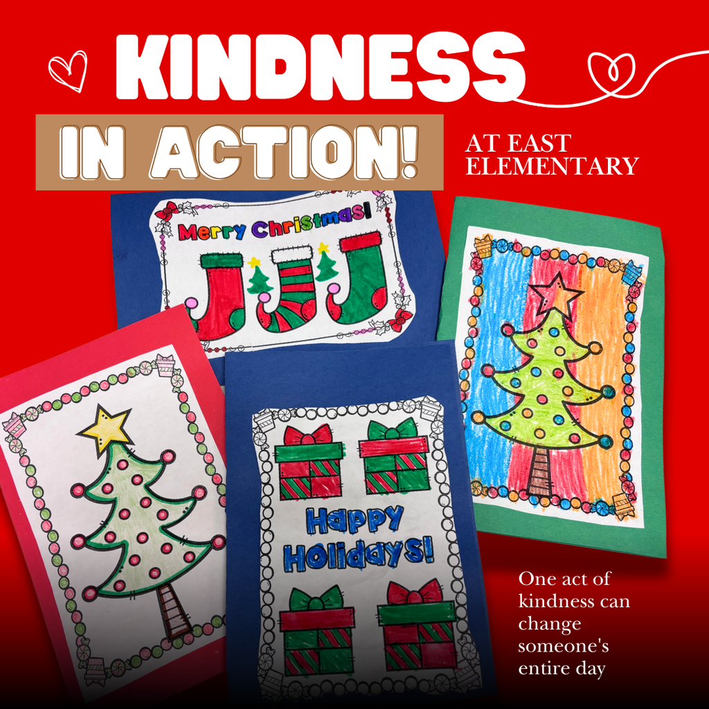 Kindness in Action! The focus of Guidance classes leading up to Christmas was spreading kindness & doing things to show others we care. East students worked on Random Acts of Kindness to spread the spirit of giving to as many people as possible. Kindergarten & 3rd Grade students teamed up for this “RAK,” making Christmas cards to send to members of our military.   Other projects have included thank you cards for custodians, secretaries, nurses, and Mr. G, Christmas-themed locker posters for students, and handmade teacher & staff gifts. Little hands, big hearts, and the spirit of giving is shining bright at East Elementary!