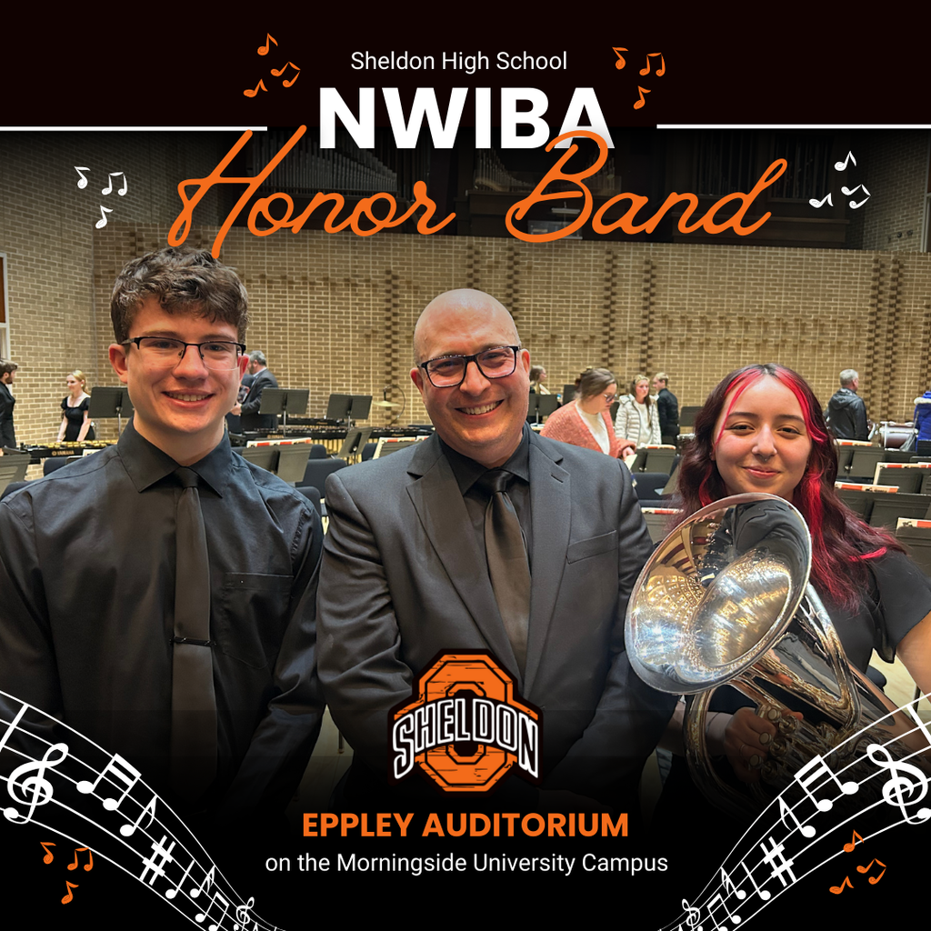 Sheldon High School band members who were selected by audition to participate in the Northwest Iowa Bandmasters Association (NWIBA) Honor Bands performed in Saturday’s concert at Eppley Auditorium on the Morningside University campus in Sioux City.   Your commitment to rehearsals and performance, along with representing Sheldon High School with pride is something to be very proud of. Well done to each student for achieving this honor and showcasing the strength of our band program. This marked Sadie Dietrick’s fourth year being selected for the NWIBA High School Honor Band—an outstanding achievement! 🎶  Red Band: Kyler McCuddin, Dr. Justin Mertz (University of Northern Iowa), and Isabella Lourenco.  Blue Band: (front row) William Vreeman, Audrey Punt, Dr. Arris Golden (Michigan State University), Sadie Dietrick, Theresa Nilles; (backrow) Claire Nilles, Uriel Hinojosa, and Alexander Bork.