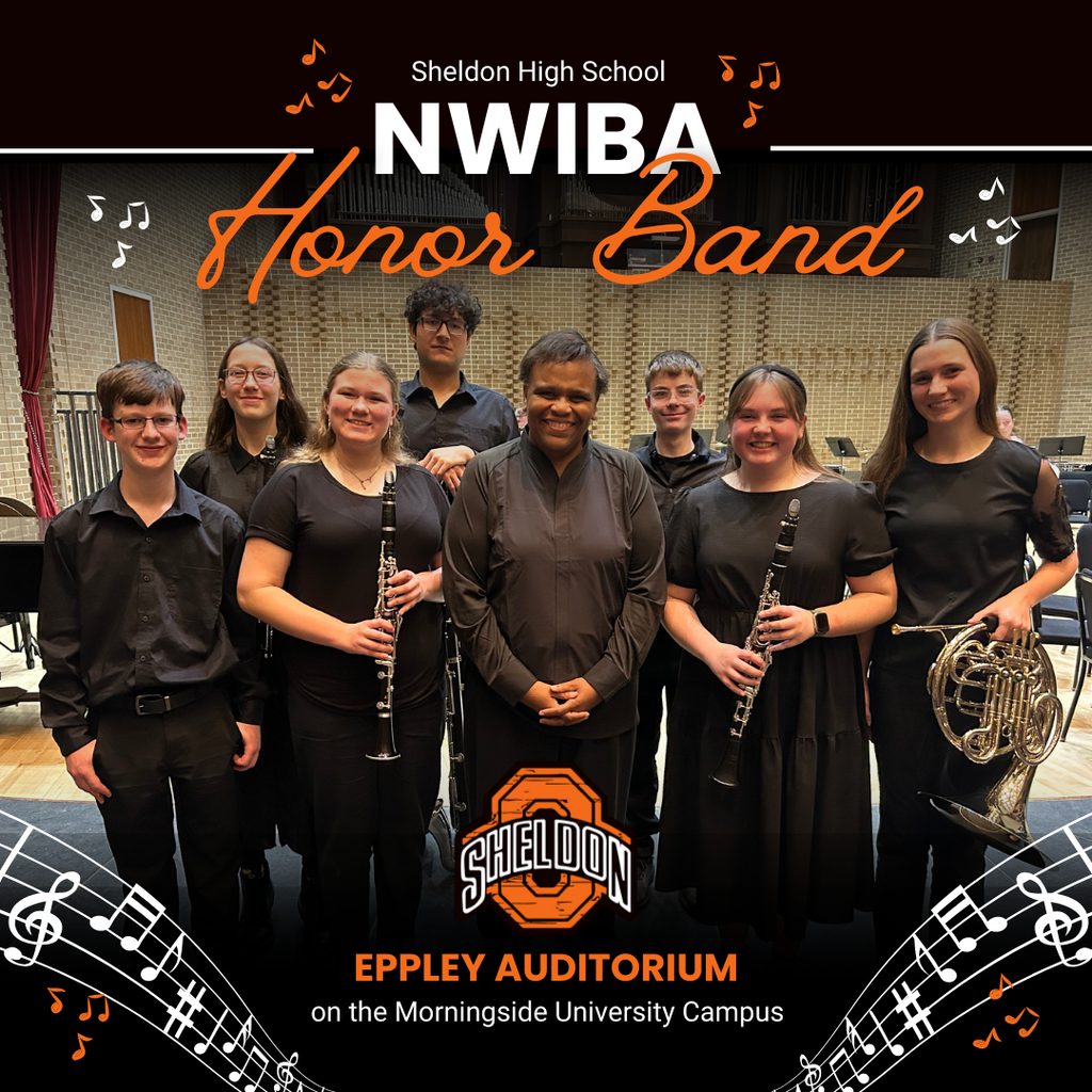Sheldon High School band members who were selected by audition to participate in the Northwest Iowa Bandmasters Association (NWIBA) Honor Bands performed in Saturday’s concert at Eppley Auditorium on the Morningside University campus in Sioux City.   Your commitment to rehearsals and performance, along with representing Sheldon High School with pride is something to be very proud of. Well done to each student for achieving this honor and showcasing the strength of our band program. This marked Sadie Dietrick’s fourth year being selected for the NWIBA High School Honor Band—an outstanding achievement! 🎶  Red Band: Kyler McCuddin, Dr. Justin Mertz (University of Northern Iowa), and Isabella Lourenco.  Blue Band: (front row) William Vreeman, Audrey Punt, Dr. Arris Golden (Michigan State University), Sadie Dietrick, Theresa Nilles; (backrow) Claire Nilles, Uriel Hinojosa, and Alexander Bork.