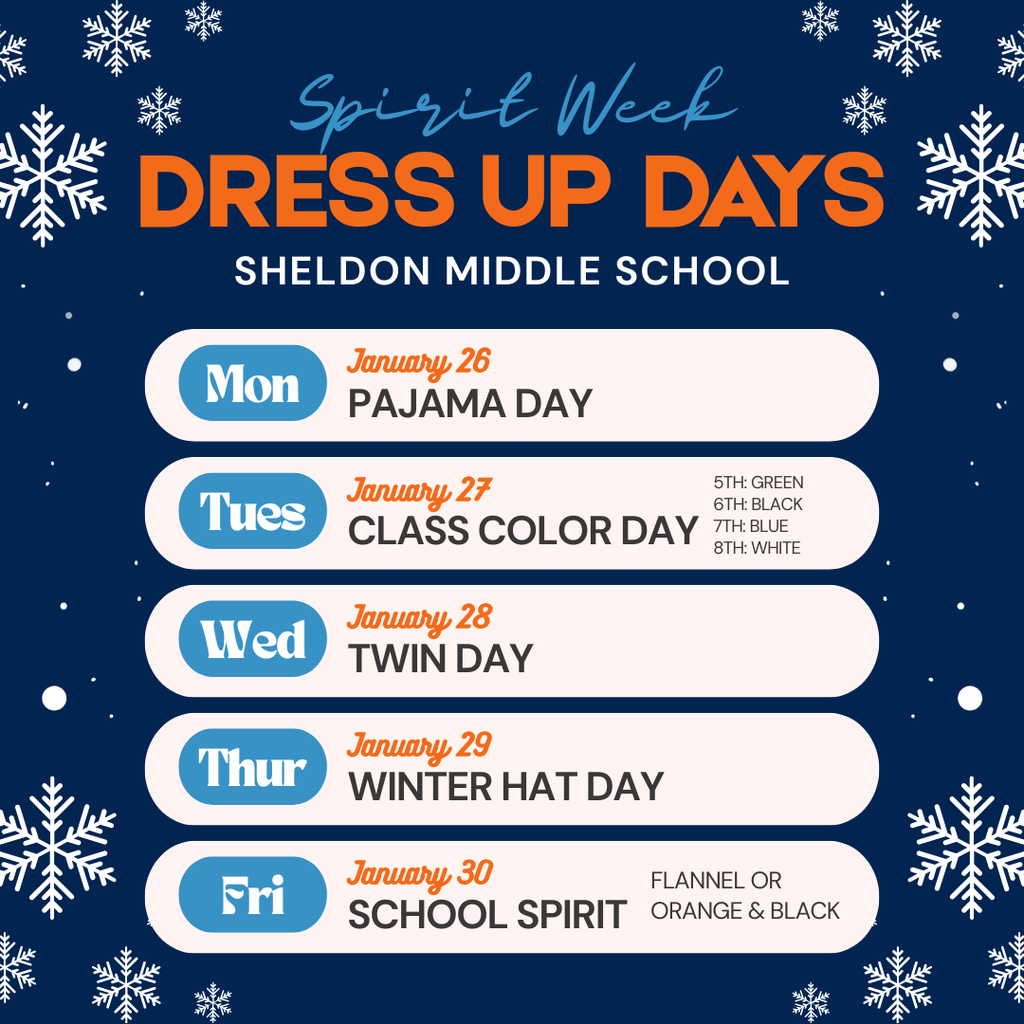 Sheldon Middle School Spirit Week dress-up days are next week—come join the fun and show your school spirit!