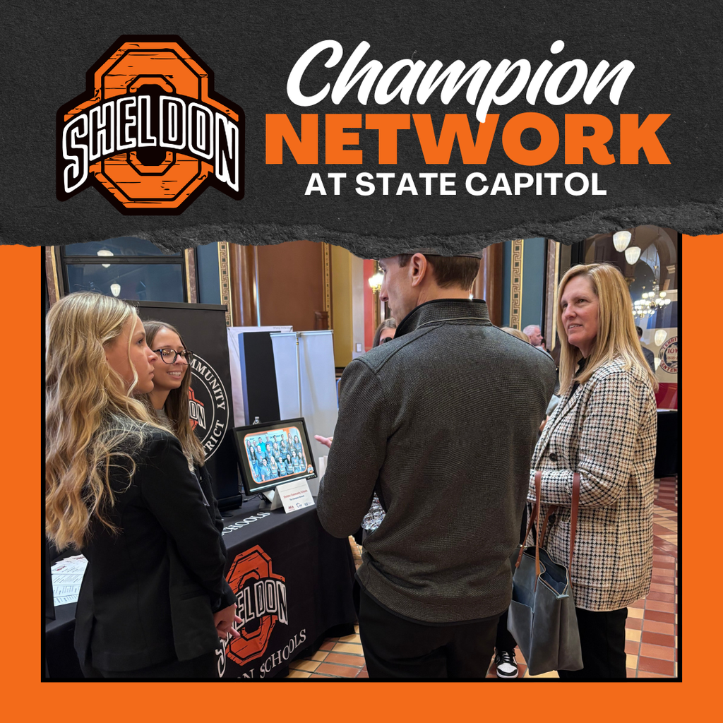 Sheldon High School's Champion Network Shines at State Capitol! Sheldon Community School District’s mentorship program, the Champion Network, was proudly represented at the Iowa State Capitol’s Day on the Hill event by four Sheldon High School seniors. Bella Michels, Sophie Meyer, Brielle Mouw, and Riley Ball, along with sponsors Bailey Hennings and Heath Anderson headed to Des Moines on January 26 for this exciting opportunity.