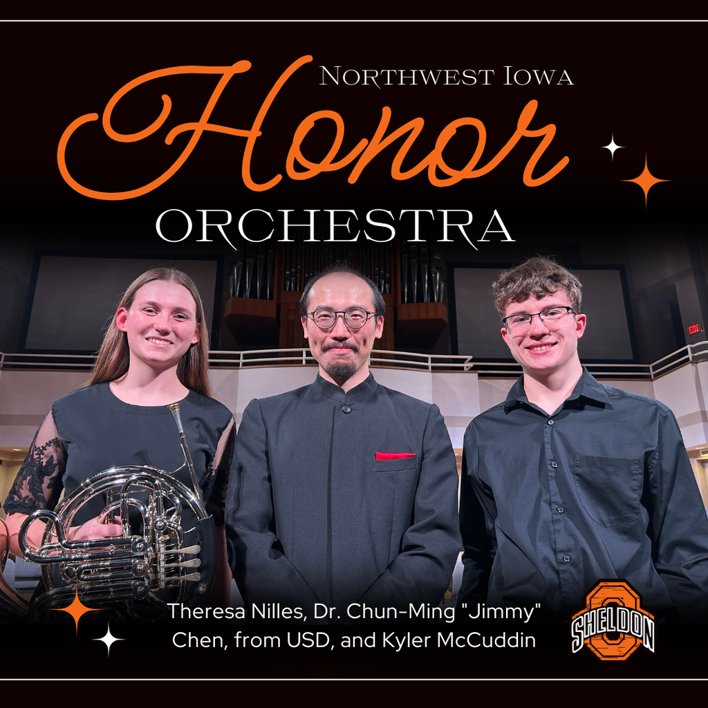 Congratulations to the Sheldon High School students selected to participate in the NW Iowa Honor Orchestra! 🎶 Pictured are Theresa Nilles, Dr. Chun-Ming “Jimmy” Chen of USD, and Kyler McCuddin at the NW Iowa Honor Orchestra concert held at Northwestern College on January 29. Way to go Orabs!