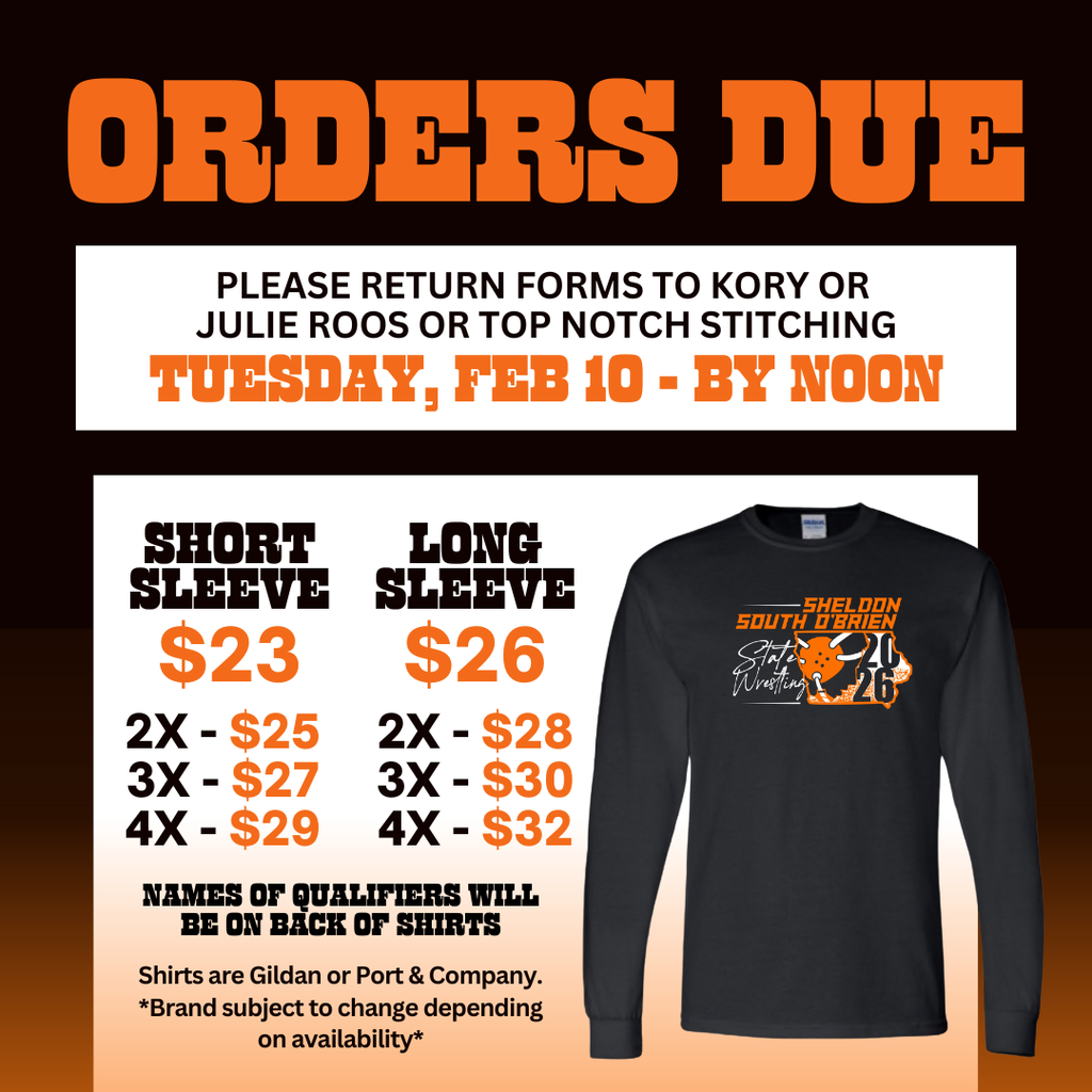 2026 Boys State Wrestling T-shirt order forms are now available!   ➡DEADLINE: Tuesday, February 10 @ noon ➡Return forms to Kory or Julie Roos ➡Cash or checks must be made out to Top Notch Stitching  #leadon #orabs #sheldonorabs #orabnation #sheldoncommunityschooldistrict #sheldonhighschool #boysstatewrestling #orabwrestling #highschoolwrestling #topnotchstitching