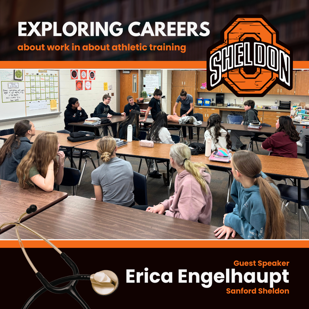 Sheldon Middle School 7th & 8th Graders Explore Careers Erica Engelhaupt of Sanford Sheldon joined us to talk about athletic training and the work she does both in the clinic and with our high school athletes. She even led a volunteer through a typical knee injury assessment, explaining what she looks for during the evaluation. Since many of these students will work closely with her if they participate in high school athletics, it was a great opportunity to better understand her role.