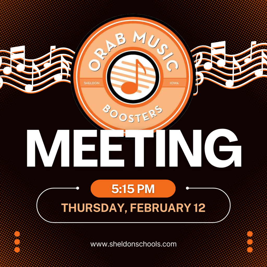 The Orab Music Booster Club will be meeting tonight!  We encourage all parents and supporters of Sheldon music students to attend. It’s a great way to stay informed, get involved, and continue supporting our amazing music programs. We hope to see you there!  📅  Thursday, February 12 ⏰  5:15 pm 📍 Sheldon Middle School Library