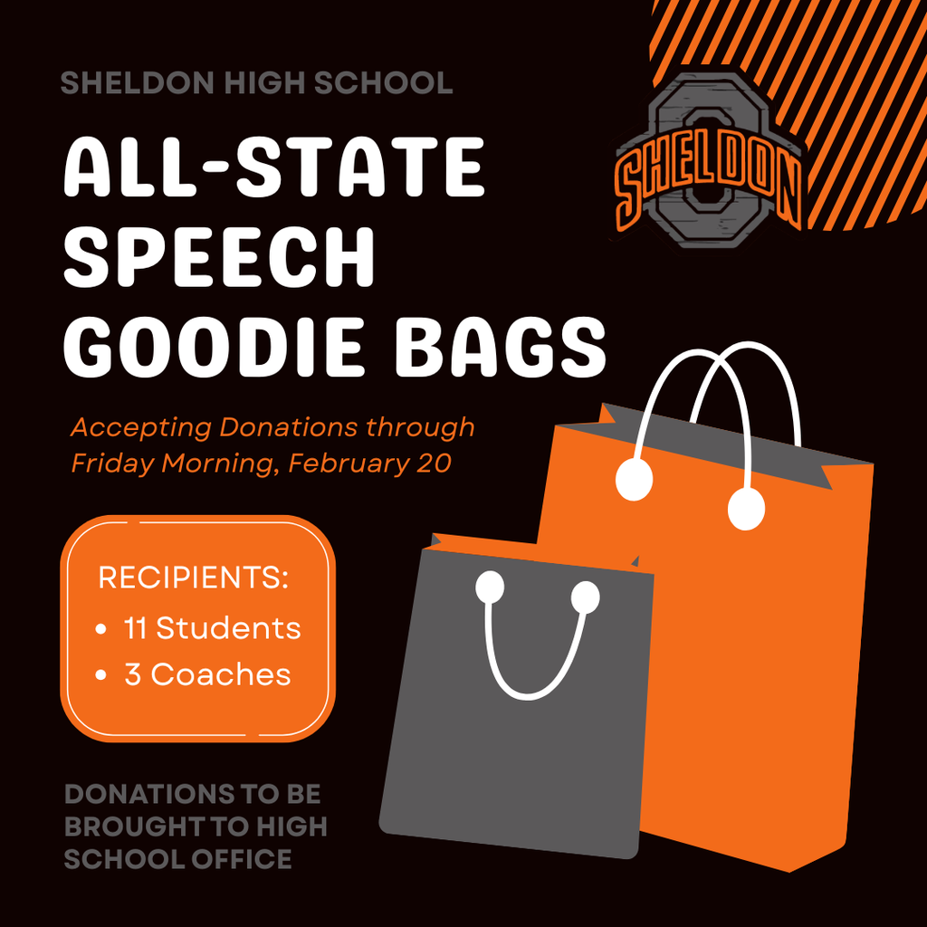 Show your support for our All-State Speech and State Wrestling participants before they head off to state! Goodie bags are available in the high school office—feel free to stop by and add any fun treats or items you think they’ll enjoy on their trip. Let’s send them off knowing the entire community is cheering them on! *Images created by Sheldon High School student, Rachel Besaw*