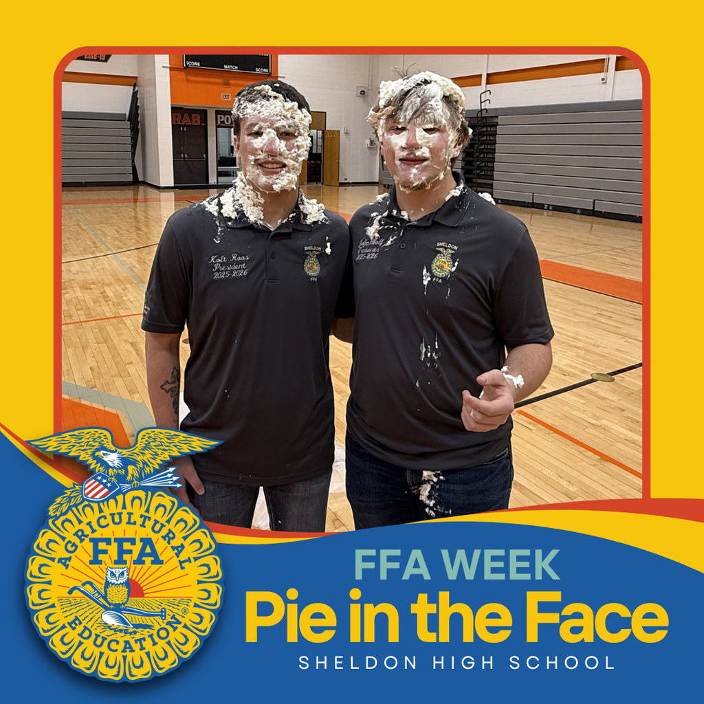 Celebrating FFA Week in a fun way!   Students and teachers at Sheldon High School were great sports as they took part in a fun (and messy!) Pie-in-the-Face event. Thanks to everyone who participated and helped make it such a memorable celebration! Go Orabs!