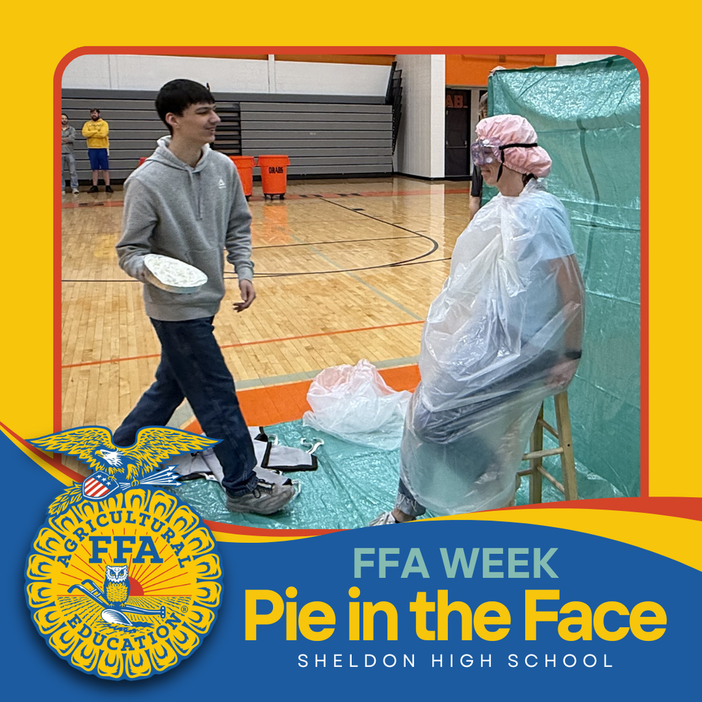 Celebrating FFA Week in a fun way!   Students and teachers at Sheldon High School were great sports as they took part in a fun (and messy!) Pie-in-the-Face event. Thanks to everyone who participated and helped make it such a memorable celebration! Go Orabs!
