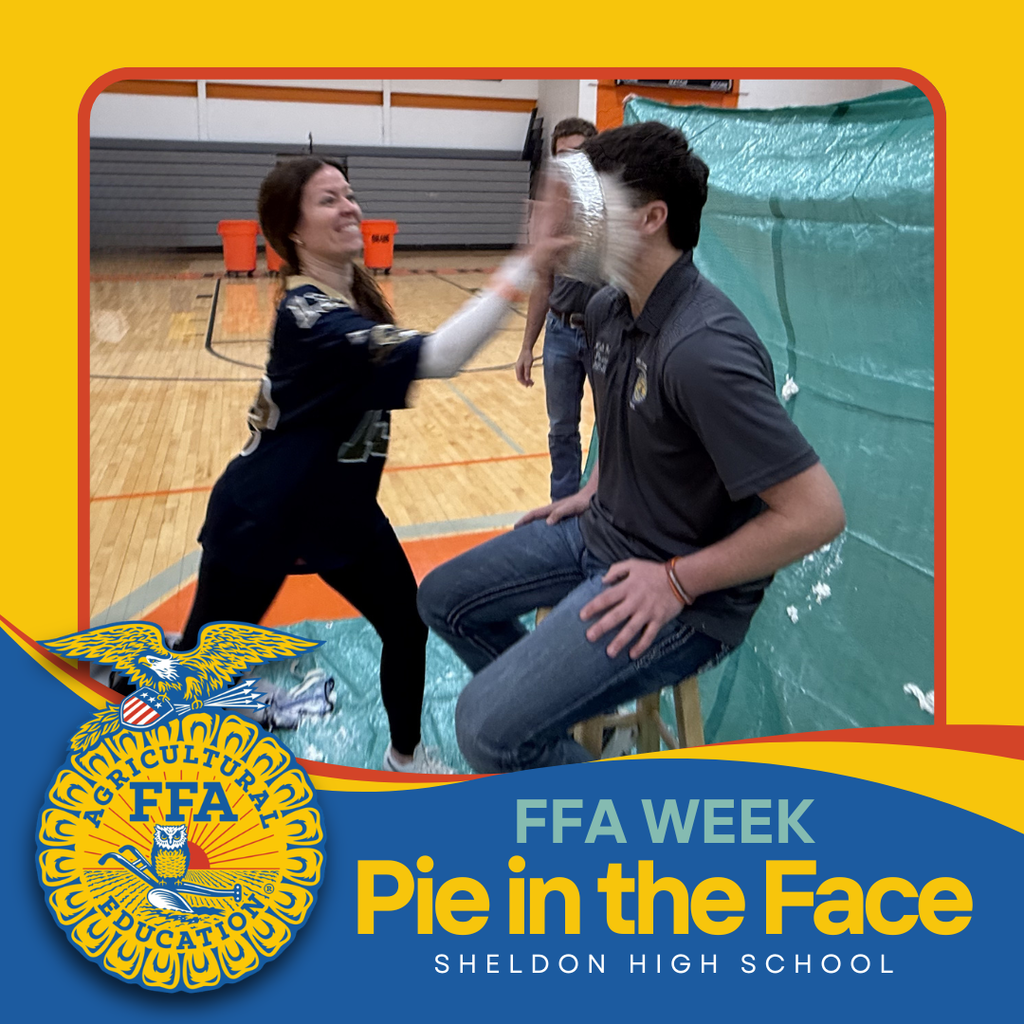 Celebrating FFA Week in a fun way!   Students and teachers at Sheldon High School were great sports as they took part in a fun (and messy!) Pie-in-the-Face event. Thanks to everyone who participated and helped make it such a memorable celebration! Go Orabs!