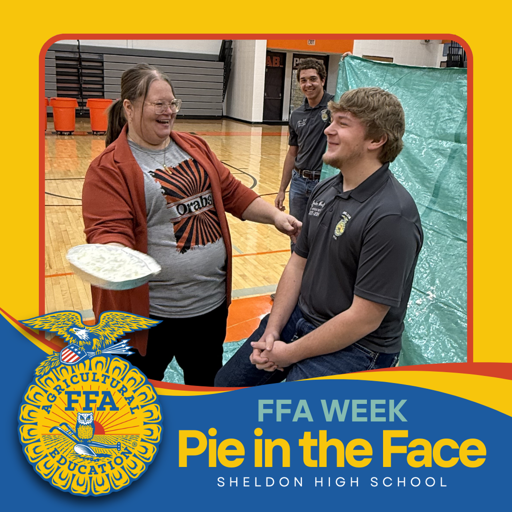 Celebrating FFA Week in a fun way!   Students and teachers at Sheldon High School were great sports as they took part in a fun (and messy!) Pie-in-the-Face event. Thanks to everyone who participated and helped make it such a memorable celebration! Go Orabs!