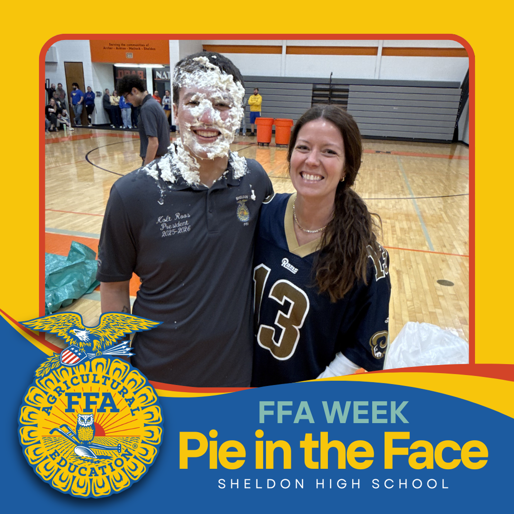 Celebrating FFA Week in a fun way!   Students and teachers at Sheldon High School were great sports as they took part in a fun (and messy!) Pie-in-the-Face event. Thanks to everyone who participated and helped make it such a memorable celebration! Go Orabs!