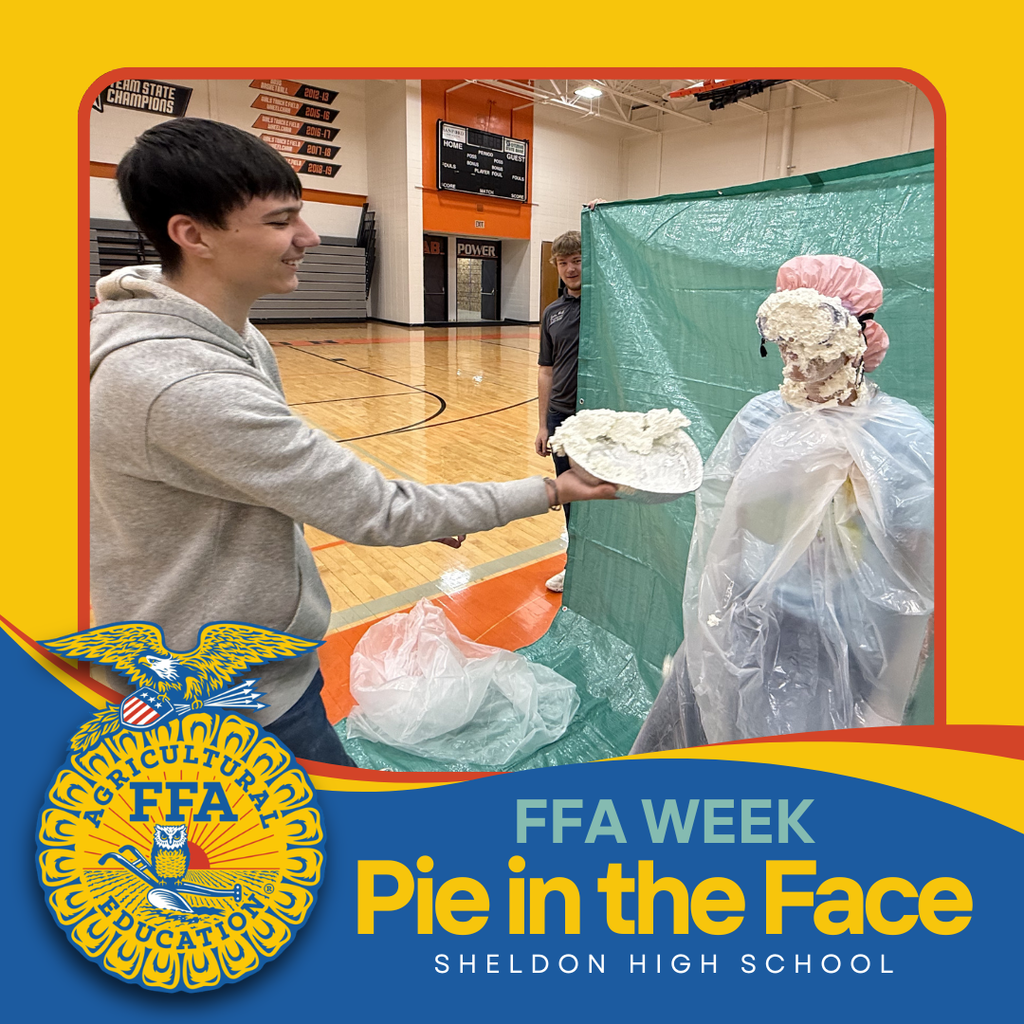 Celebrating FFA Week in a fun way!   Students and teachers at Sheldon High School were great sports as they took part in a fun (and messy!) Pie-in-the-Face event. Thanks to everyone who participated and helped make it such a memorable celebration! Go Orabs!