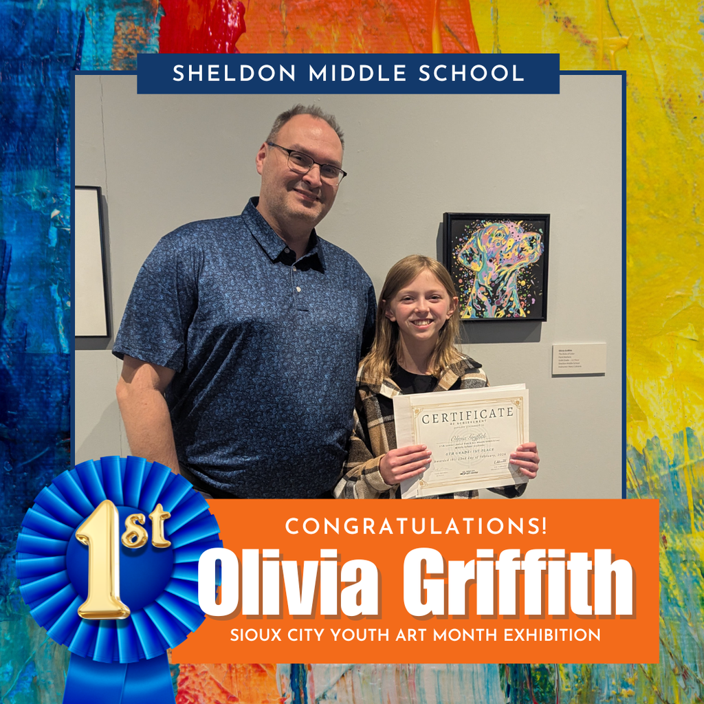 Congratulations to Sheldon Middle School 6th grader Olivia Griffith on earning 1st place in the 6th grade division for her artwork, “Duke of Color,” at the Sioux City Youth Art Month Exhibition! 🎨👏  Olivia was honored at the awards ceremony and opening reception on Saturday, February 21. What an incredible accomplishment — we are so proud of your talent and hard work! 