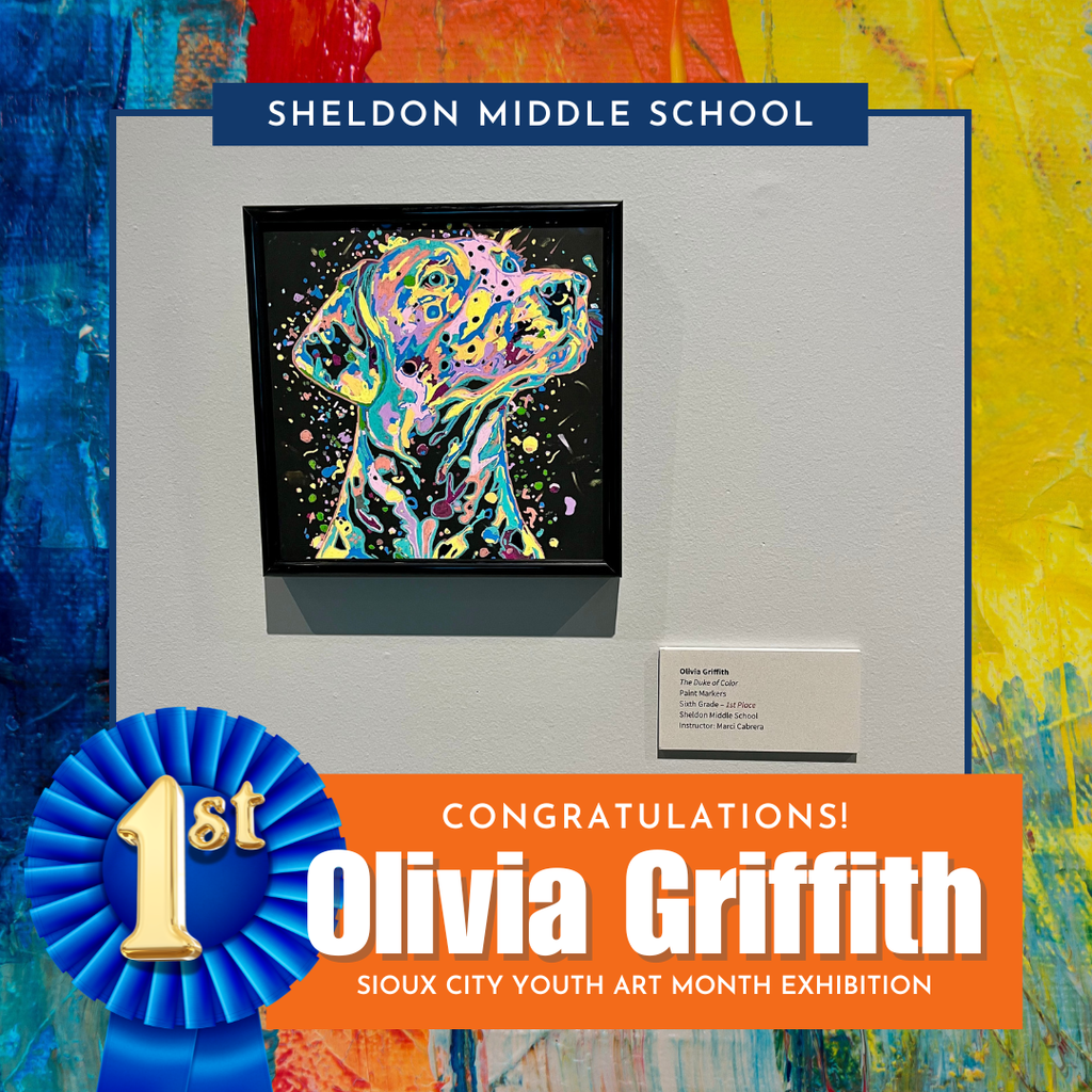 Congratulations to Sheldon Middle School 6th grader Olivia Griffith on earning 1st place in the 6th grade division for her artwork, “Duke of Color,” at the Sioux City Youth Art Month Exhibition! 🎨👏  Olivia was honored at the awards ceremony and opening reception on Saturday, February 21. What an incredible accomplishment — we are so proud of your talent and hard work! 