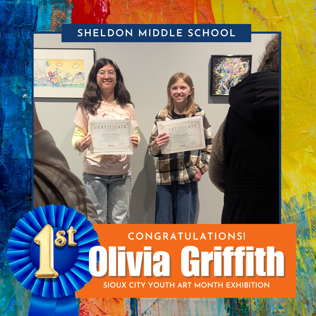 Congratulations to Sheldon Middle School 6th grader Olivia Griffith on earning 1st place in the 6th grade division for her artwork, “Duke of Color,” at the Sioux City Youth Art Month Exhibition! 🎨👏  Olivia was honored at the awards ceremony and opening reception on Saturday, February 21. What an incredible accomplishment — we are so proud of your talent and hard work! 