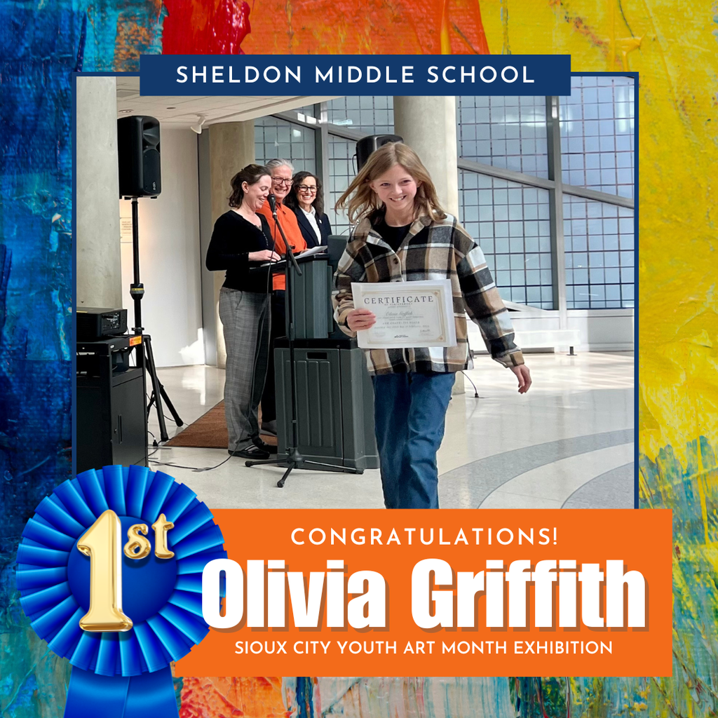 Congratulations to Sheldon Middle School 6th grader Olivia Griffith on earning 1st place in the 6th grade division for her artwork, “Duke of Color,” at the Sioux City Youth Art Month Exhibition! 🎨👏  Olivia was honored at the awards ceremony and opening reception on Saturday, February 21. What an incredible accomplishment — we are so proud of your talent and hard work! 