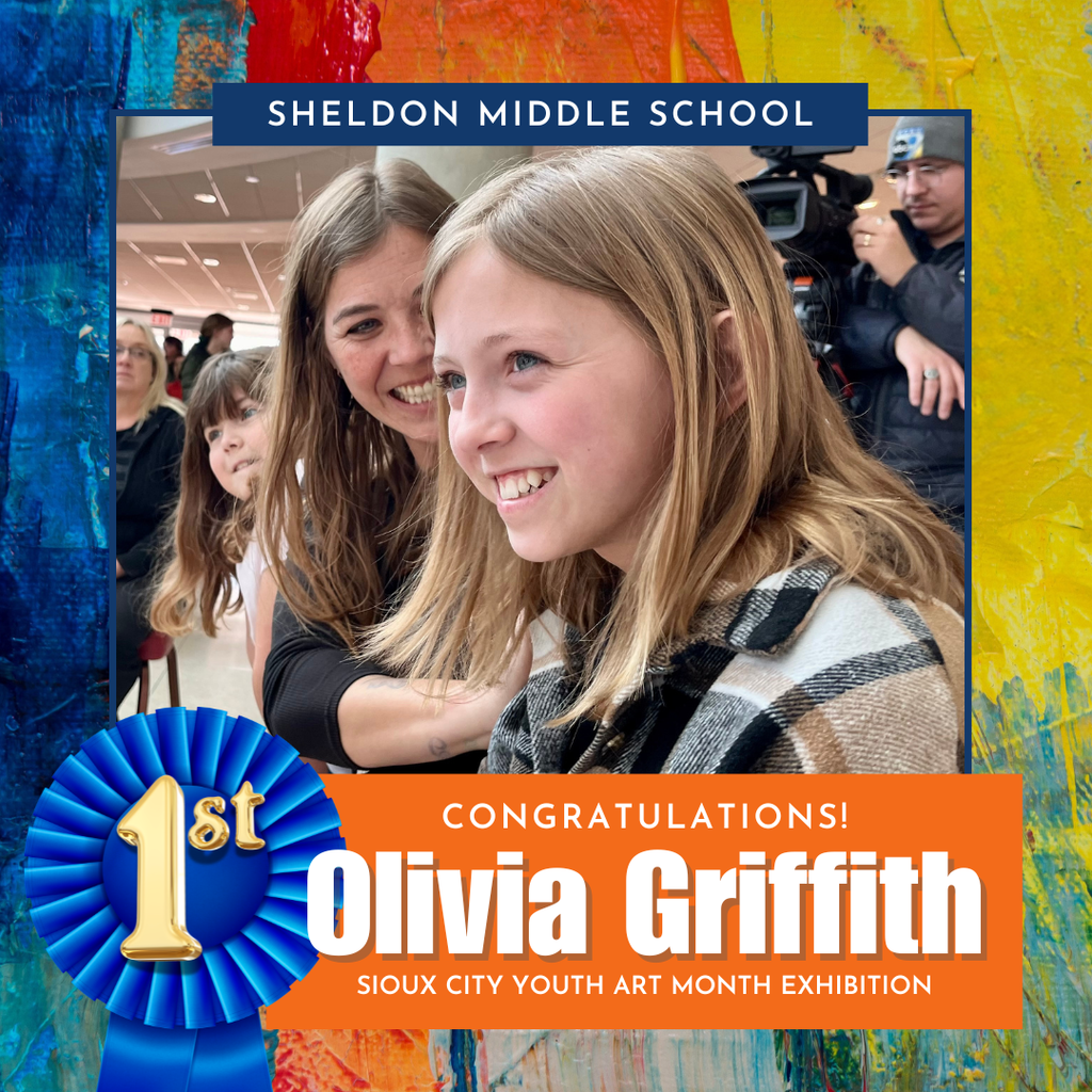 Congratulations to Sheldon Middle School 6th grader Olivia Griffith on earning 1st place in the 6th grade division for her artwork, “Duke of Color,” at the Sioux City Youth Art Month Exhibition! 🎨👏  Olivia was honored at the awards ceremony and opening reception on Saturday, February 21. What an incredible accomplishment — we are so proud of your talent and hard work! 