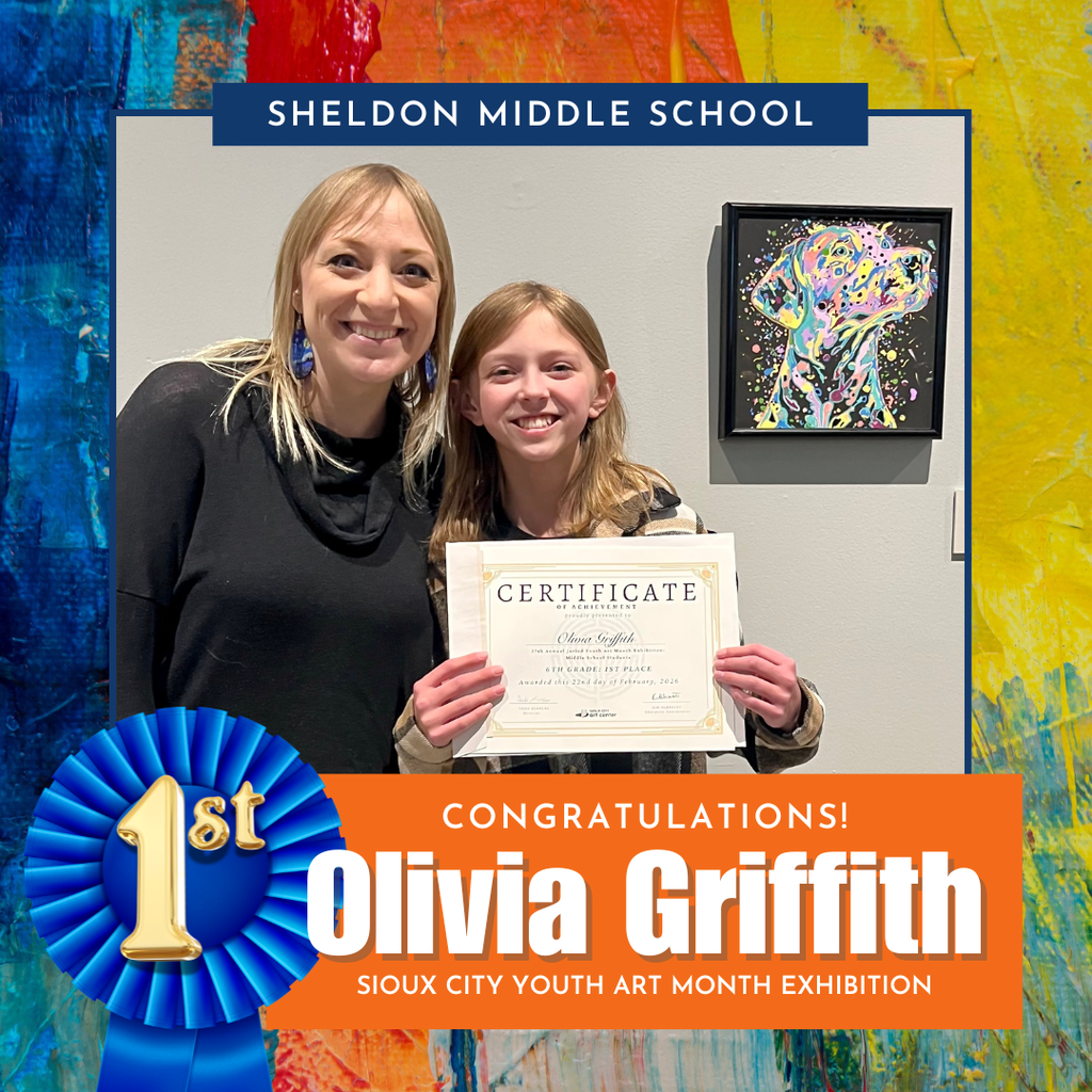 Congratulations to Sheldon Middle School 6th grader Olivia Griffith on earning 1st place in the 6th grade division for her artwork, “Duke of Color,” at the Sioux City Youth Art Month Exhibition! 🎨👏  Olivia was honored at the awards ceremony and opening reception on Saturday, February 21. What an incredible accomplishment — we are so proud of your talent and hard work! 