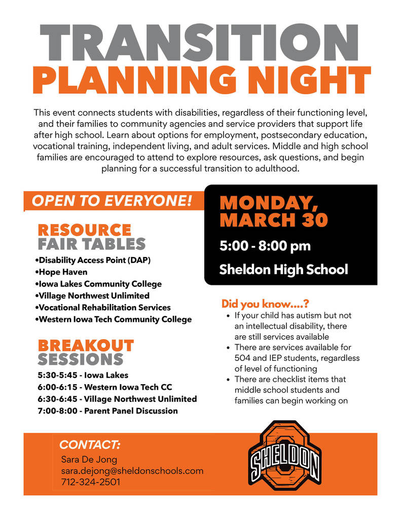 Exciting news! Sheldon Community School District is hosting a Transition Planning Night. This event is open to all schools, communities, and anyone who is interested in attending!