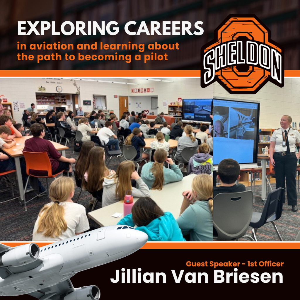 First Officer Jillian Van Briesen visited Sheldon Middle School to speak with students about her career as a pilot and the world of aviation. Her visit connected perfectly with students’ current nonfiction article, “Women in Aviation.”A huge thank you to Jill for taking the time to visit and share her experiences with our students! Go Orabs!