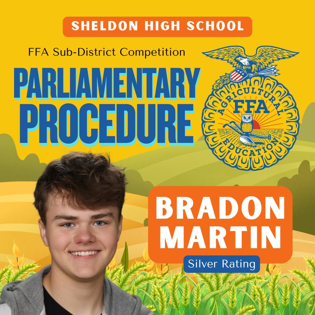 Congratulations to our Sheldon High School FFA members who performed well at the Sub-District Competition this past Saturday.   They also earned a Silver Rating in Ag Broadcasting . Great job representing Sheldon FFA and good luck to our students as they compete at Districts this Saturday! Go Orabs!