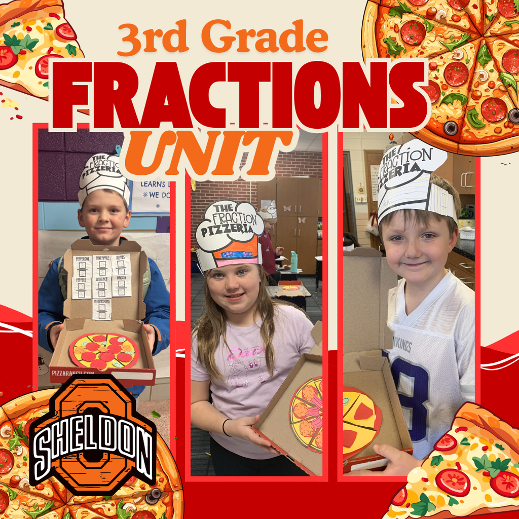 East Elementary 3rd graders wrapped up their fractions unit in a fun and creative way by designing their very own pizzerias! Students reviewed important fraction skills while planning and creating their own pizzas. A huge thank you to Sheldon Pizza Ranch for generously donating the pizza boxes!