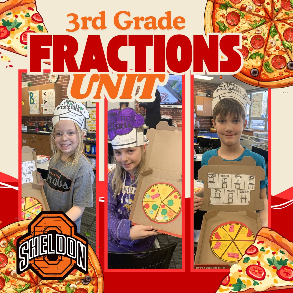 East Elementary 3rd graders wrapped up their fractions unit in a fun and creative way by designing their very own pizzerias! Students reviewed important fraction skills while planning and creating their own pizzas. A huge thank you to Sheldon Pizza Ranch for generously donating the pizza boxes!