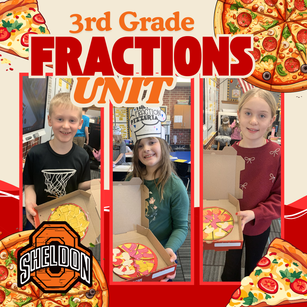 East Elementary 3rd graders wrapped up their fractions unit in a fun and creative way by designing their very own pizzerias! Students reviewed important fraction skills while planning and creating their own pizzas. A huge thank you to Sheldon Pizza Ranch for generously donating the pizza boxes!