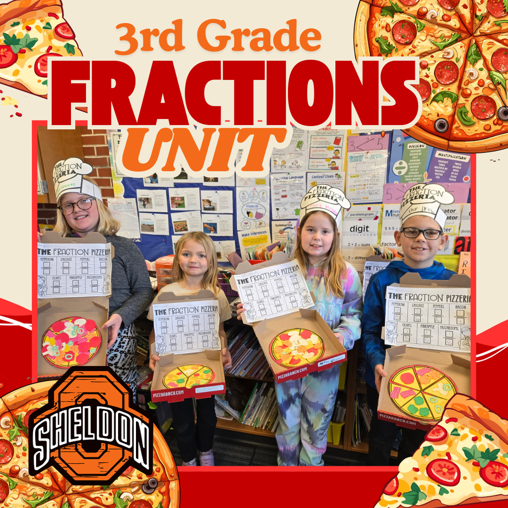 East Elementary 3rd graders wrapped up their fractions unit in a fun and creative way by designing their very own pizzerias! Students reviewed important fraction skills while planning and creating their own pizzas. A huge thank you to Sheldon Pizza Ranch for generously donating the pizza boxes!