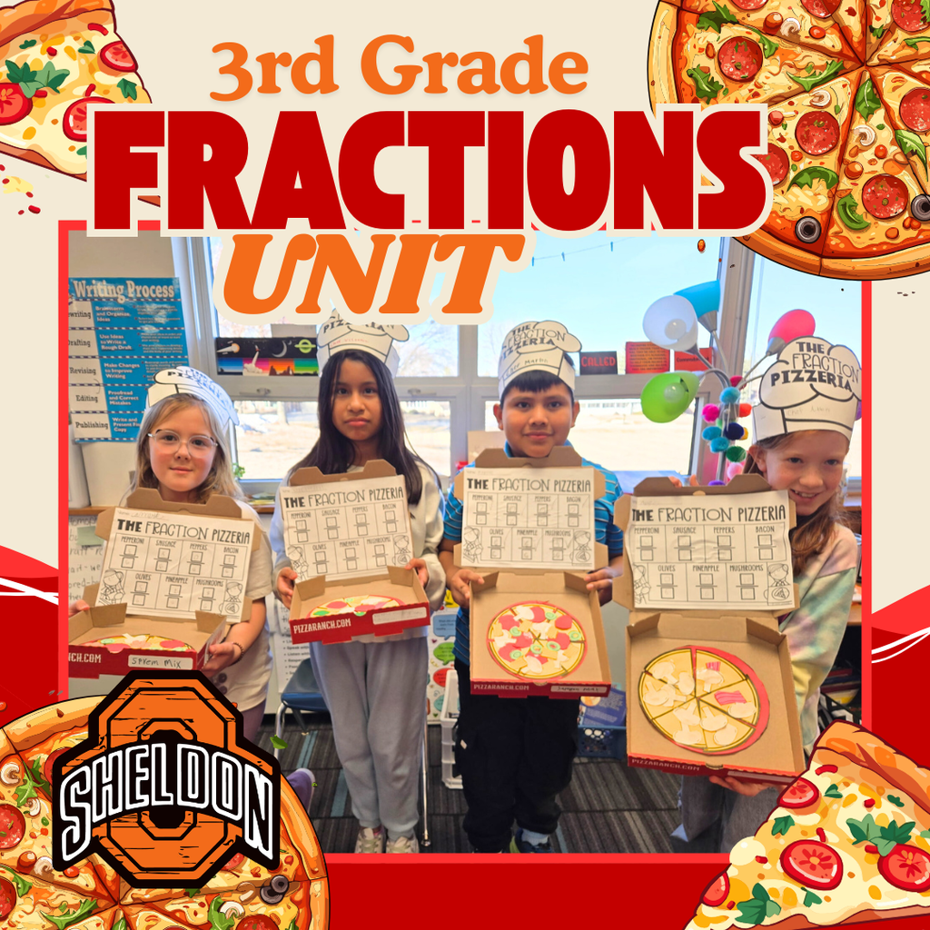 East Elementary 3rd graders wrapped up their fractions unit in a fun and creative way by designing their very own pizzerias! Students reviewed important fraction skills while planning and creating their own pizzas. A huge thank you to Sheldon Pizza Ranch for generously donating the pizza boxes!