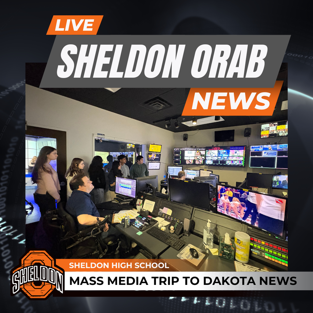 Sheldon High School Mass Media students recently took a trip to Dakota News Now in Sioux Falls to learn about careers in news broadcasting. During their visit, students got a behind-the-scenes look at how a live newsroom operates. They learned about the different roles involved in producing the news, including reporting, anchoring, filming, editing, and directing. Students also had the opportunity to see the studio, ask questions, and gain insight into the skills and education needed for a future in media and communications. Thank you to Dakota News Now for providing this valuable hands-on learning experience and helping inspire our students as they explore potential career paths!
