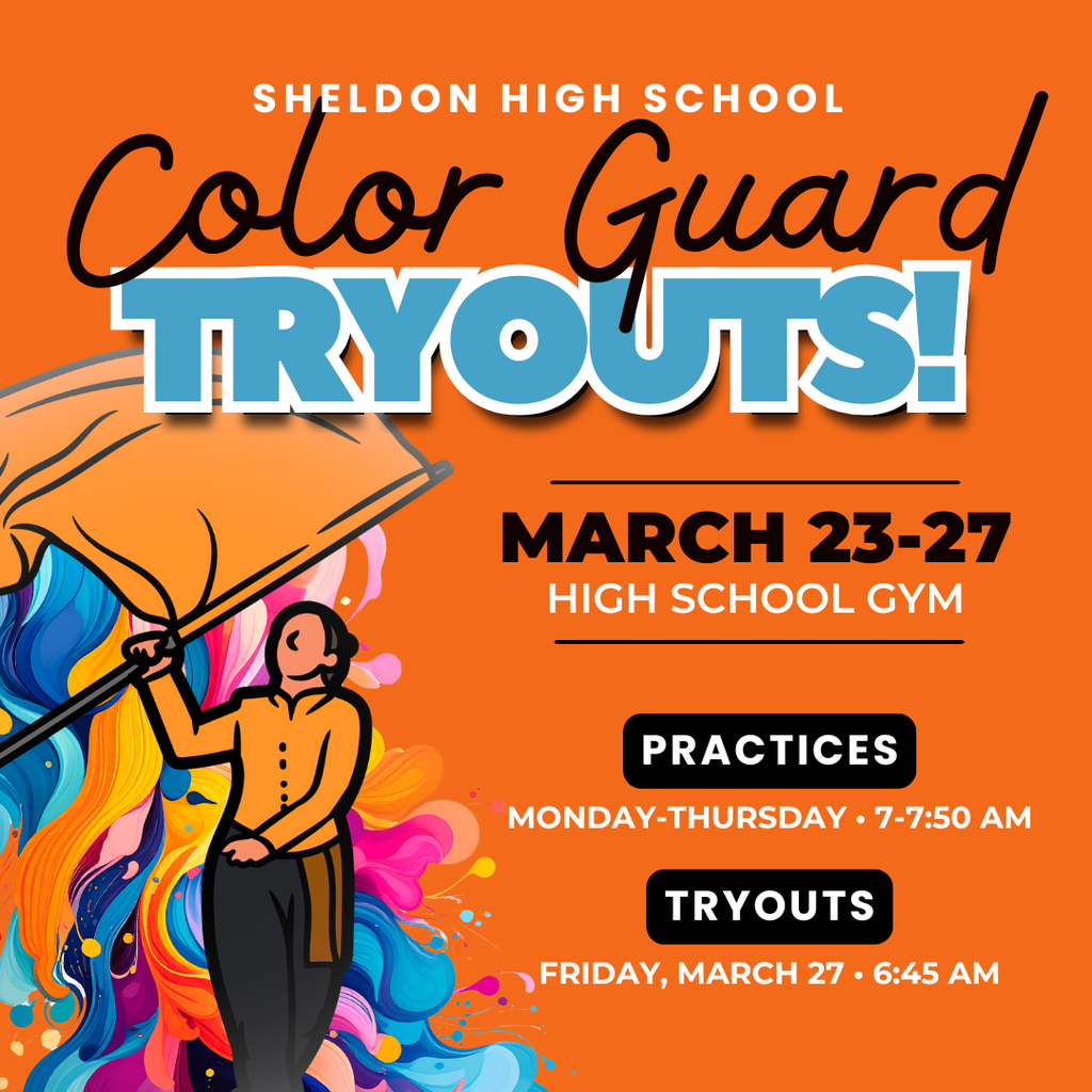 Sheldon Orab Marching Band Color Guard tryouts are this coming week! Color Guard members bring music to life through energetic movement, dance, and flag routines that add visual excitement to every performance. It’s a great way to build confidence, make new friends, stay active, and be part of an amazing team atmosphere. No prior experience is necessary — just bring a positive attitude and a willingness to learn! Come see what Color Guard is all about and discover your place in the spotlight. Contact Shairi St. Clair if you want to join the tryouts.
