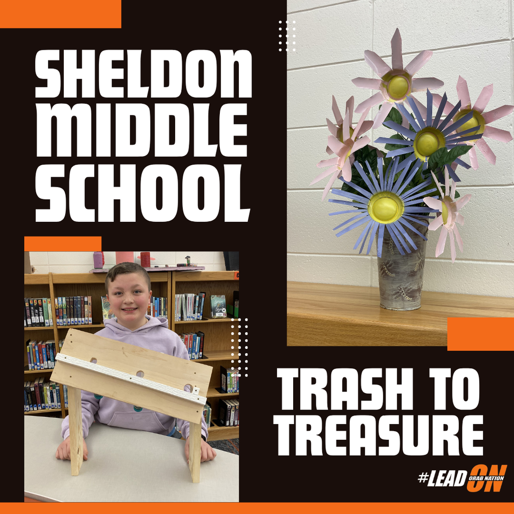 Sheldon Middle School 5th graders put their creativity to the test with their Trash-to-Treasure projects, turning everyday materials into something completely new. Their imagination, effort, and innovation truly stood out!  *Image created by Sheldon High School Mass Media student, Olivia Prewitt*