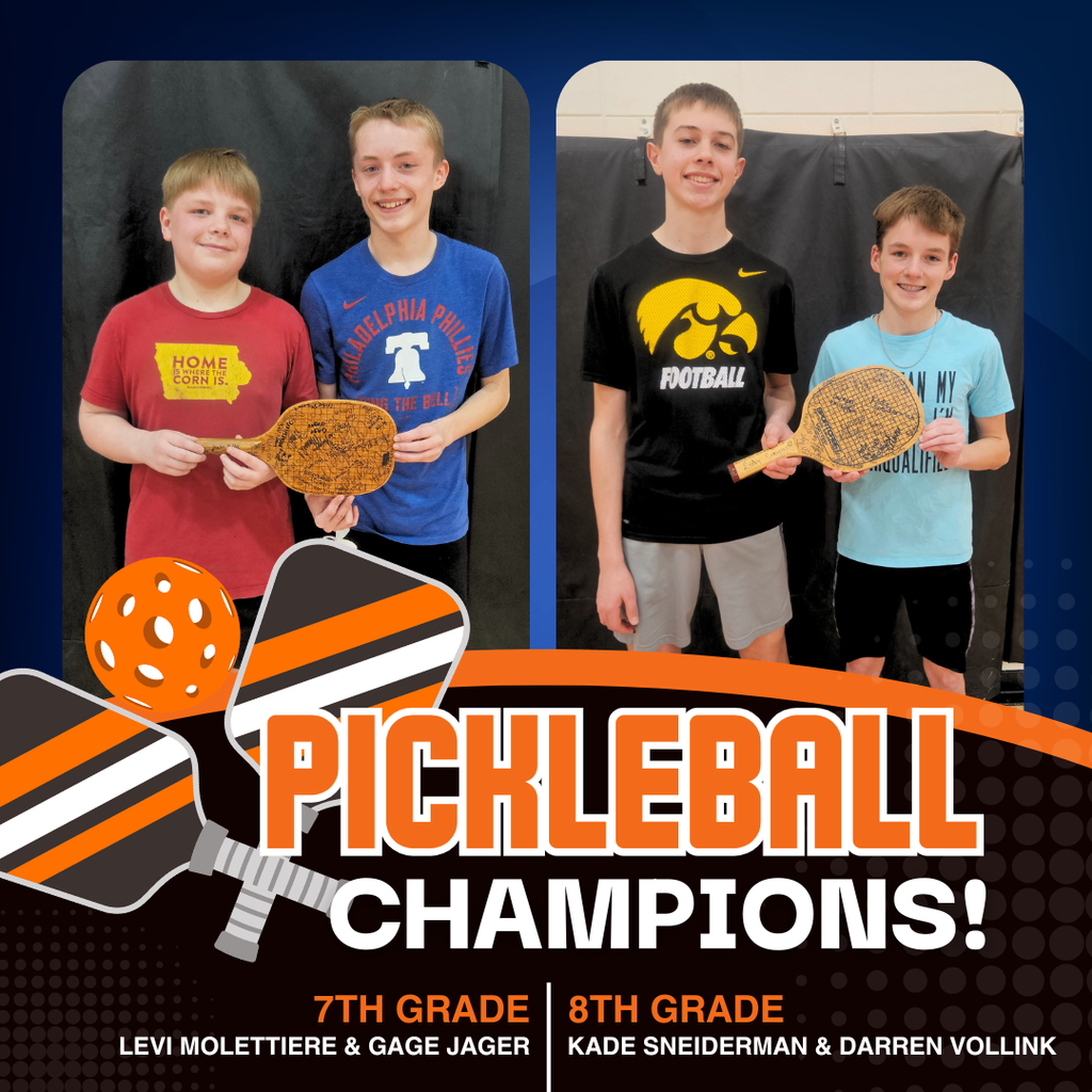 Sheldon Middle School students had a great time learning the fundamentals of pickleball in P.E., building their skills through practice, teamwork, and friendly competition! Way to go Orabs!  2026 Pickleball Champions: 7th Grade: Gage Jager & Levi Molettiere 8th Grade: Kade Sneiderman & Darren Vollink
