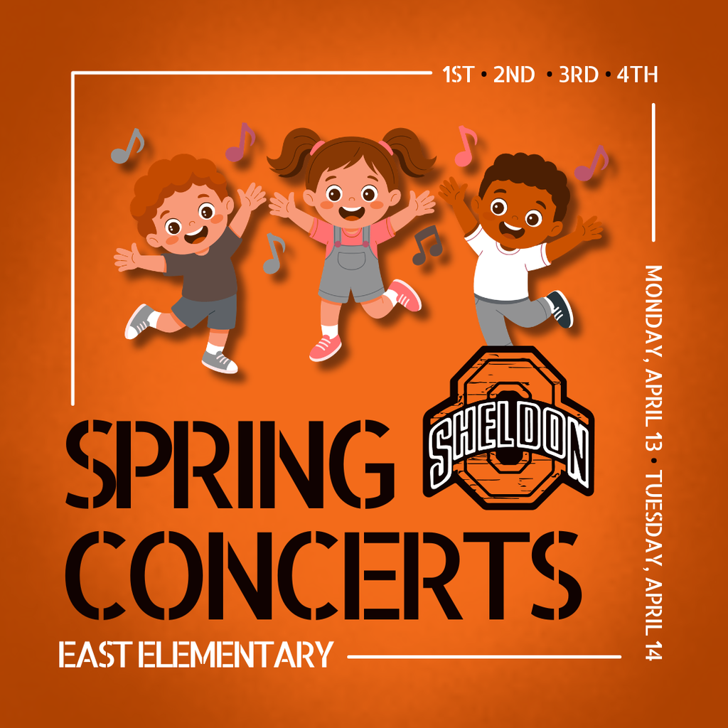 East Elementary Spring Concerts are coming up next week! Our students have been working hard practicing their songs, learning new skills, and preparing an exciting performance. We can’t wait for you to see and hear all of their efforts come to life on stage!  Monday, April 13 3rd grade - 6:30pm 4th grade - 7:15pm  Tuesday, April 14 1st grade - 6:30pm 2nd grade - 7:15pm