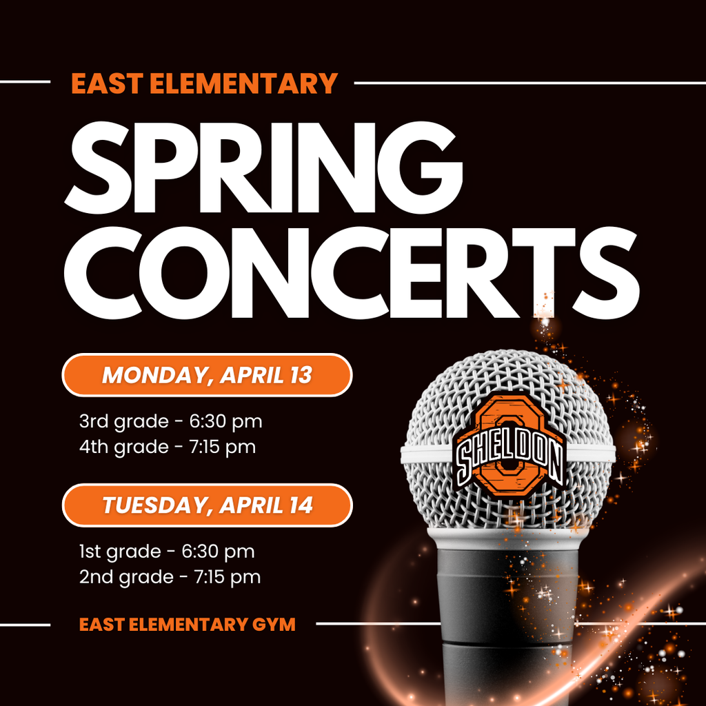 East Elementary Spring Concerts are this coming week! Our students have been working hard practicing their songs, learning new skills, and preparing an exciting performance. We can’t wait for you to see and hear all of their efforts come to life on stage! Go Orabs!  Monday, April 13 3rd grade - 6:30pm 4th grade - 7:15pm  Tuesday, April 14 1st grade - 6:30pm 2nd grade - 7:15pm