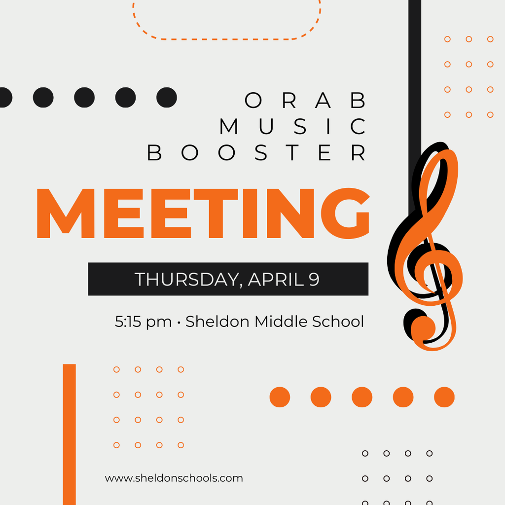 The Orab Music Booster Club will be meeting tonight! We encourage all parents and supporters of Sheldon music students to attend. It’s a great way to stay informed, get involved, and continue supporting our amazing music programs. We hope to see you there!  📅 Thursday, April 9 ⏰ 5:15 pm 📍 Sheldon Middle School Library