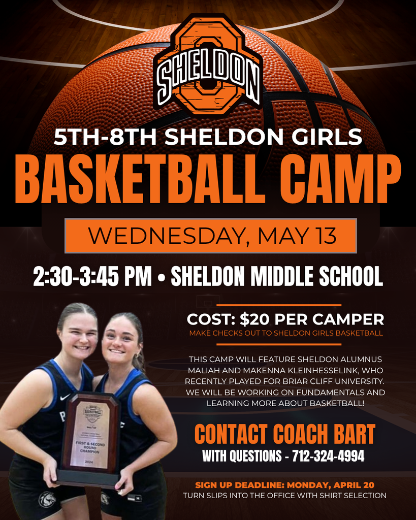 Sheldon Middle School 5th-8th grade girls are encourages to sign up for a basketball camp focused on building strong fundamentals and improving overall skills on the court.  Don’t miss this great opportunity to learn, improve, and have fun—be sure to sign up bye Monday, April 20 to receive a t-shirt! 📅  Wednesday, May 20 ⏰  2:30 - 3:45 pm 📍 Sheldon Middle School A special highlight of the camp will be the opportunity to learn from Sheldon alumni Maliah and Makenna Kleinhesselink. They’ll share their experience, provide valuable tips, and work directly with campers to demonstrate key techniques.