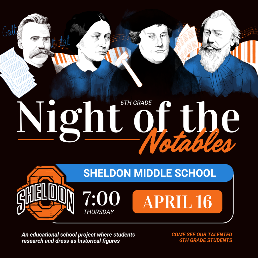 Our talented Sheldon Middle School 6th grade students will host “Night of the Notables” tonight! This engaging project brings history to life as students research and portray influential figures from the past. Join us to see their hard work in action and hear what they’ve learned! Go Orabs!  📅  Thursday, April 16 ⏰  7:00 - 7:30 pm 📍 Sheldon Middle School