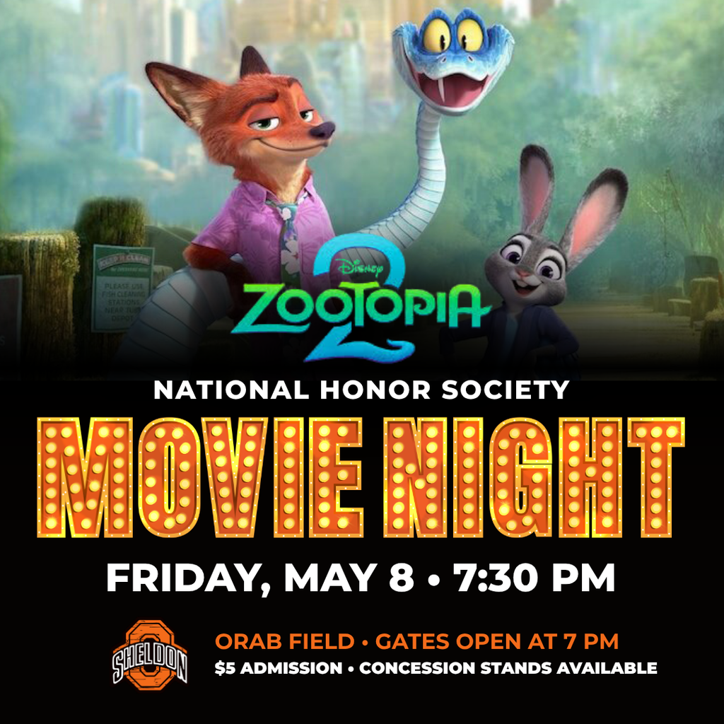 Sheldon High School National Honor Society is hosting Movie Night! Everyone is invited to attend. This year’s featured film is Zootopia 2. Enjoy concessions including popcorn, drinks, and candy—please note that only water is allowed on the turf field. Don’t miss this fun, family-friendly event! 📅 Friday, May 8 ⏰ 7:30 pm (gates open at 7) 📍 Orab Field #leadon #orabs #sheldonorabs #orabnation #sheldoncommunityschooldistrict #orabfield #movienight #sheldonnationalhonorsociety