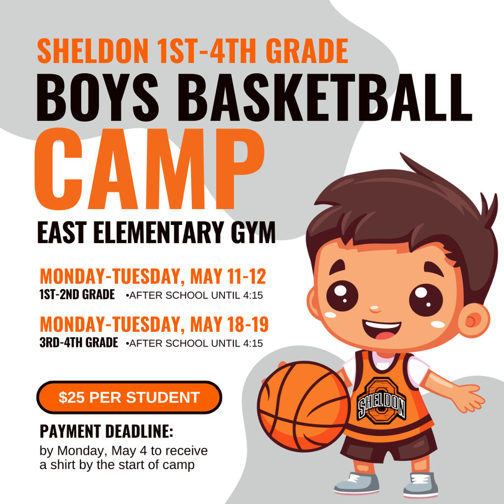 The Sheldon Orab Boys Youth Basketball Camp is right around the corner! This camp is open to boys in 1st through 4th grade.  Cost is $25 per student and payment must be received by Monday, May 4th to guarantee a shirt by the start of camp. Registrations will still be accepted after this date, but a shirt will not be guaranteed at camp.  ◾️ Camp will be run by boys basketball coaching staff ◾️ High school boys basketball players will also be on hand to assist in coaching ◾️ Campers will be split up based on age to work together on fundamentals ◾️ This is a great opportunity for all those who enjoy the game of basketball and are looking for an opportunity to improve  Register online at: https://www.gobound.com/ia/schools/sheldon/camps  #leadon #orabs #sheldonorabs #orabnation #sheldoncommunityschooldistrict #sheldoneastelementary #orabbasketball #orabsports