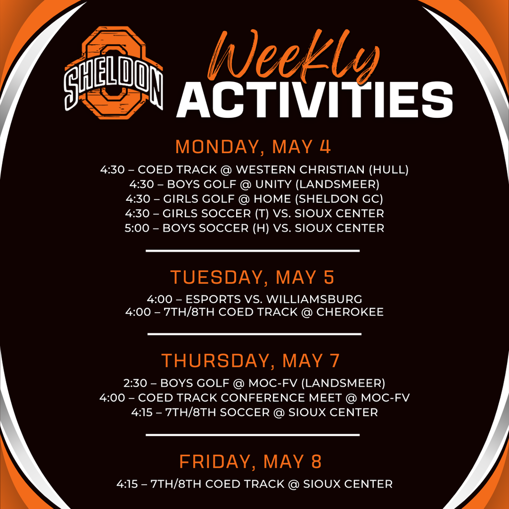 Good luck to the students and coaches at their activities this week! GO ORABS! https://www.gobound.com/ia/schools/sheldon/calendar Reminder, tickets must be purchased through bound: https://www.gobound.com/ia/schools/sheldon/tickets