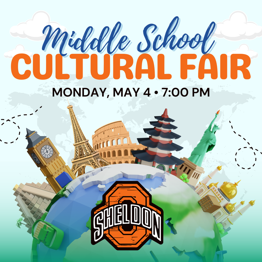 The Sheldon Middle School Cultural Fair will take place tonight at 7 p.m. at the middle school. Students will be showcasing projects, displays, and presentations that highlight cultures from around the world. Come out to support their hard work and enjoy an evening of learning, creativity, and community!