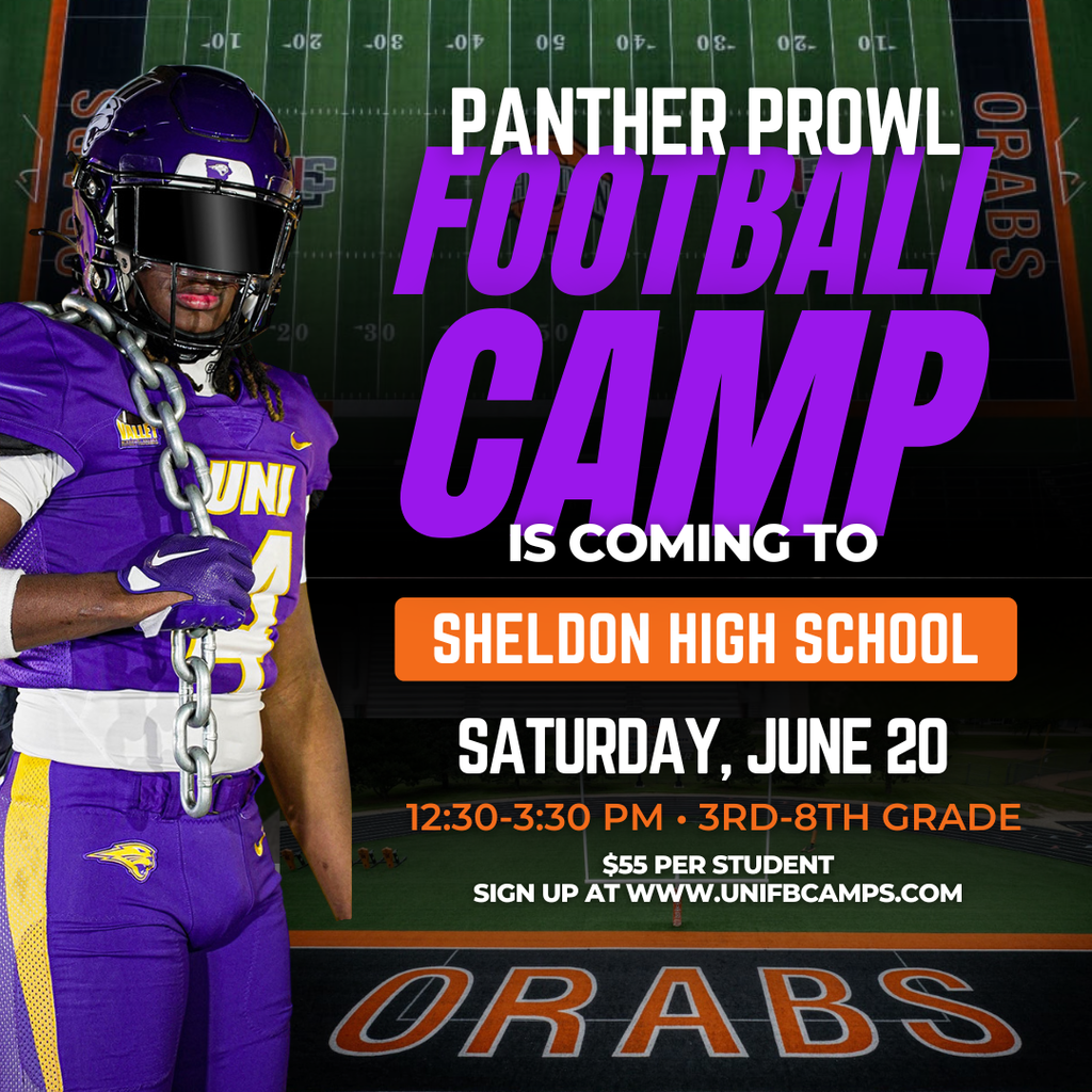 Panther Prowl Football Camp is coming to Sheldon! Students in 3rd–8th grade are invited to sign up for this exciting opportunity to grow their game.  📅 Saturday, June 20 ⏰ 12:30 - 3:30 pm 📍 Orab Field, Sheldon  Panther Prowl is a youth football development program focused on building strong fundamentals through skill instruction, offensive and defensive drills, and team-based activities. Led by experienced coaches and players, the camp is designed to improve skill development, speed, and agility in a fun, high-energy environment.  Registration is $55 per student and due by June 19.  Sign up at www.unifbcamps.com