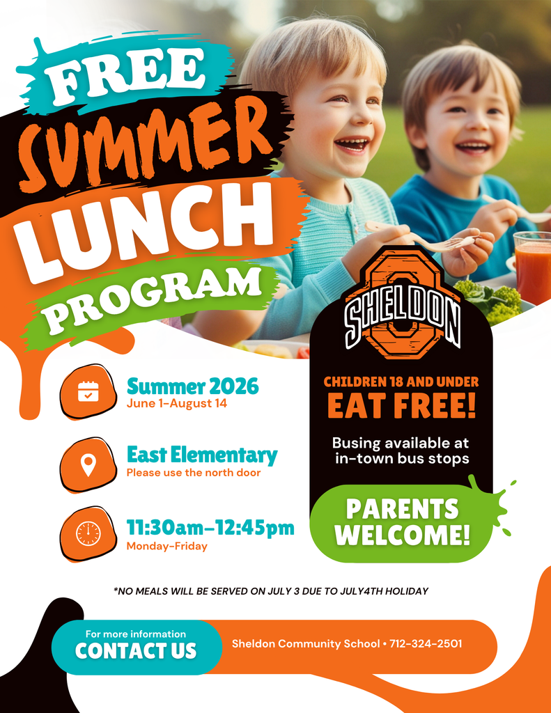 Stay fueled and ready for summer fun with FREE summer lunch! ☀️🍎  The Sheldon Community School District Summer Lunch Program will be available Monday through Friday at East Elementary. This program helps ensure all children have access to a nutritious meal during the summer months in a safe and welcoming environment.  This program is free for children 18 and under and parents are welcome to join. It runs Monday-Friday from 11:30am-12:45pm. Bus pick up is available.  #leadon #orabs #sheldonorabs #orabnation #sheldoncommunityschooldistrict #freesummerlunchprogram #sheldoneastelementary