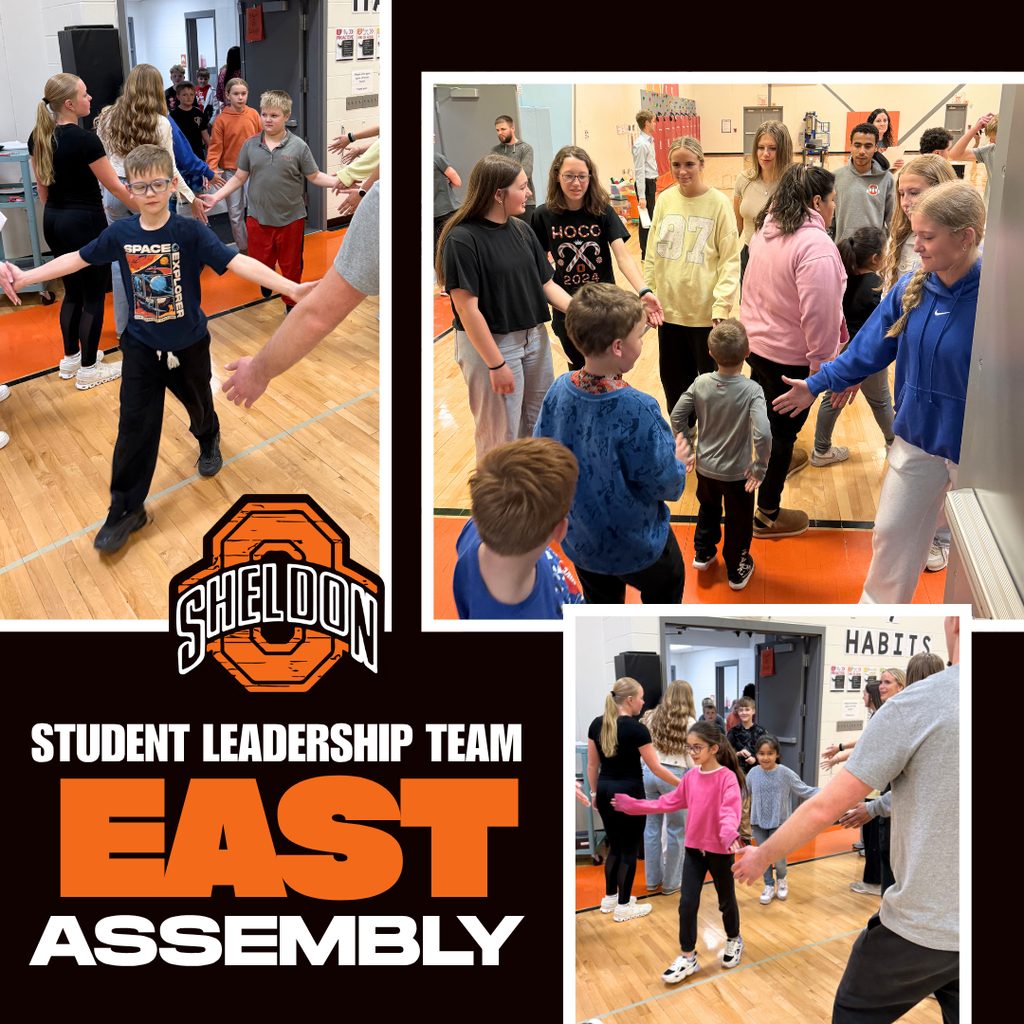 A huge shoutout to the Sheldon High School Student Leadership Team for leading the April assembly at East Elementary!   SLT put on an awesome skit, involved our elementary students throughout the assembly, and shared fun teamwork games that kept everyone engaged and excited. Thank you for being such positive role models and for helping create a fun, encouraging atmosphere for our East students. We appreciate your leadership, energy, and school spirit! Way to go Orabs!
